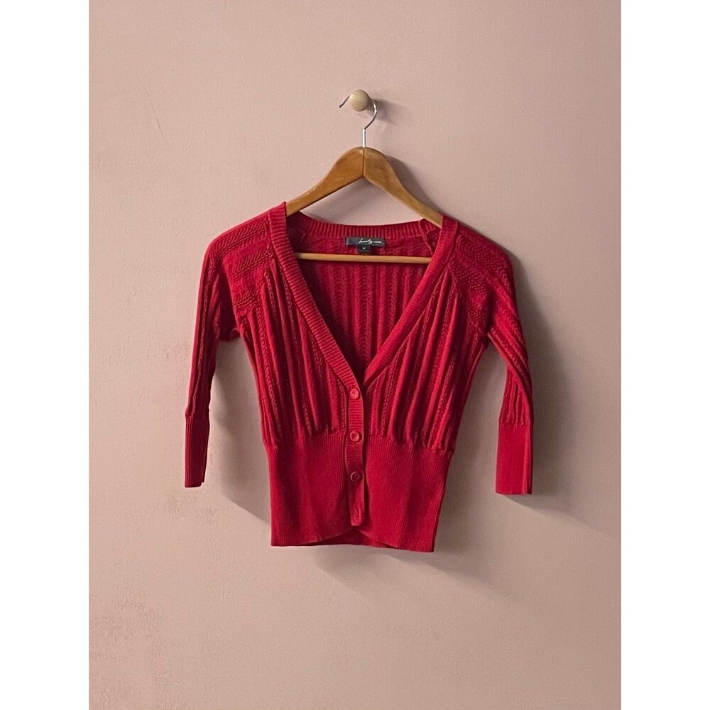 Vintage Y2K Forever 21 Red Loose-Knit 3/4 Sleeve Cropped Cardigan Size M